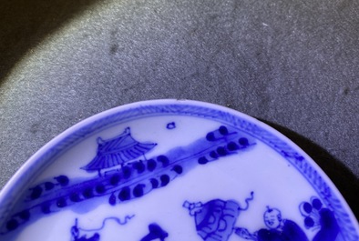 Four Chinese blue and white cups and saucers, Kangxi