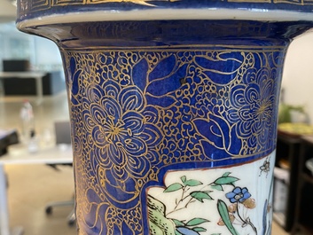 A massive Chinese famille verte on powder blue-ground rouleau vase, Kangxi