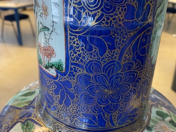 A massive Chinese famille verte on powder blue-ground rouleau vase, Kangxi