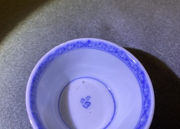 Four Chinese blue and white cups and saucers, Kangxi