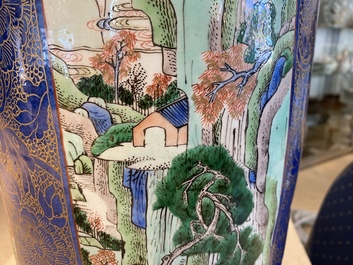 A massive Chinese famille verte on powder blue-ground rouleau vase, Kangxi