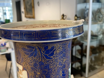 A massive Chinese famille verte on powder blue-ground rouleau vase, Kangxi