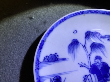 Four Chinese blue and white cups and saucers, Kangxi