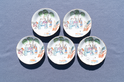 Five Chinese famille rose cups and saucers, Tongzhi mark and of the period