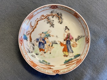 Seven Chinese famille rose 'Mandarin' cups and saucers, Qianlong
