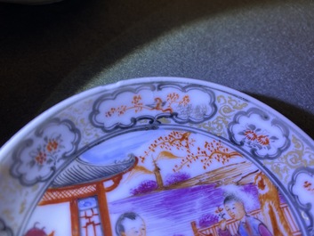 Seven Chinese famille rose 'Mandarin' cups and saucers, Qianlong