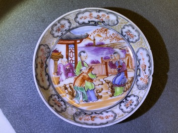 Seven Chinese famille rose 'Mandarin' cups and saucers, Qianlong