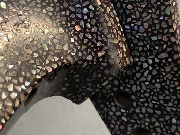 A Japanese aogai-nashiji 'kura' saddle with associated 'abumi' stirrups, Muromachi, 16th C.