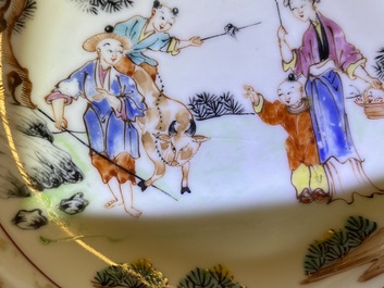 Seven Chinese famille rose 'Mandarin' cups and saucers, Qianlong