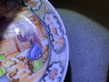 Seven Chinese famille rose 'Mandarin' cups and saucers, Qianlong