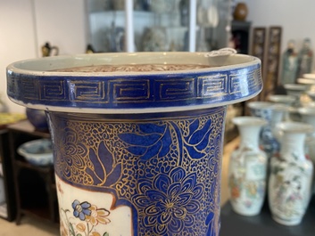 A massive Chinese famille verte on powder blue-ground rouleau vase, Kangxi