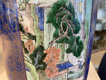 A massive Chinese famille verte on powder blue-ground rouleau vase, Kangxi