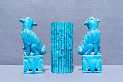 A pair of Chinese monochrome lavender blue vases, a turquoise hat stand and a pair of lions, 19/20th C.