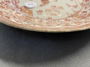 Three Chinese iron-red and gilt plates and a silver-mounted dish, Kangxi