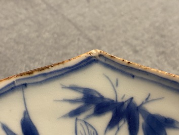 A Chinese blue and white lotus-shaped dish with floral design, Kangxi