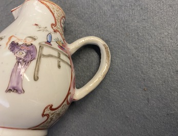A Chinese famille rose and grisaille cup and saucer with matching jug, Yongzheng