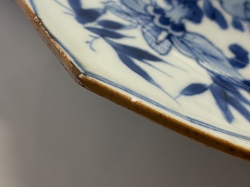 A Chinese blue and white lotus-shaped dish with floral design, Kangxi