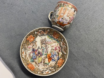 Six tasses et soucoupes en porcelaine de Chine famille rose &agrave; d&eacute;cor mandarin, Qianlong