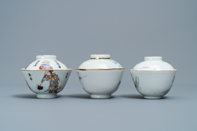 Three Chinese famille rose and grisaille bowls and covers, 19th C.