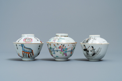 Three Chinese famille rose and grisaille bowls and covers, 19th C.