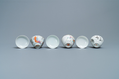 Three Chinese famille rose and grisaille bowls and covers, 19th C.