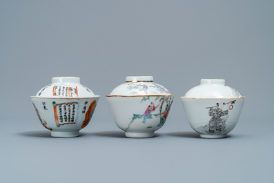 Three Chinese famille rose and grisaille bowls and covers, 19th C.