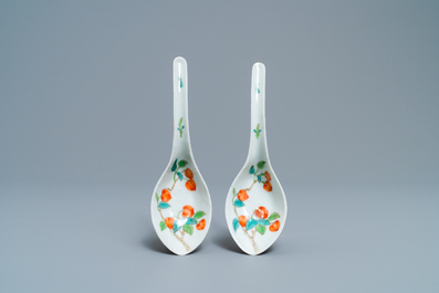 Een paar Chinese polychrome lepels met perziken, Jiaqing merk en periode