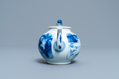 A Chinese blue and white 'landscape' teapot and cover, Kangxi