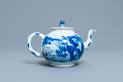 A Chinese blue and white 'landscape' teapot and cover, Kangxi