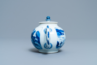A Chinese blue and white 'landscape' teapot and cover, Kangxi
