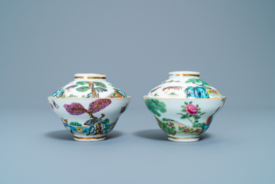 Four Chinese Canton famille rose plates and two covered bowls, 19th C.