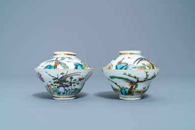 Four Chinese Canton famille rose plates and two covered bowls, 19th C.