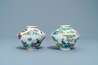 Four Chinese Canton famille rose plates and two covered bowls, 19th C.