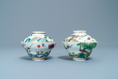Four Chinese Canton famille rose plates and two covered bowls, 19th C.