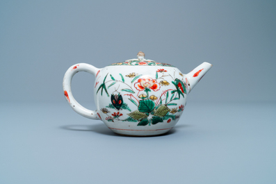 Two Chinese famille verte cup stands, a teapot and a plate, Kangxi