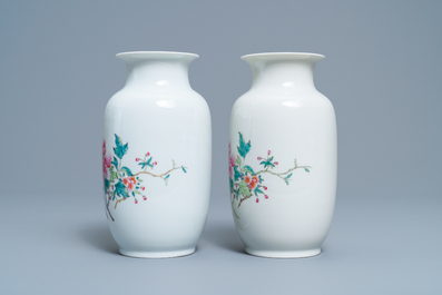 A pair of Chinese famille rose eggshell vases with floral design, Republic