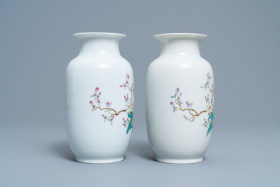 A pair of Chinese famille rose eggshell vases with floral design, Republic