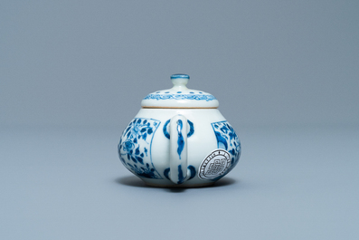 A Chinese blue and white miniature teapot and cover, Yu mark, Kangxi