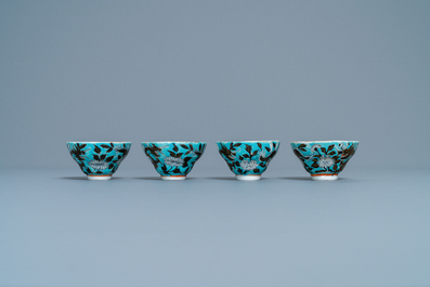 Four Chinese blue-ground Dayazhai-style 'dragon' cups and saucers, 19th C.