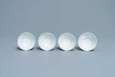Four Chinese blue-ground Dayazhai-style 'dragon' cups and saucers, 19th C.