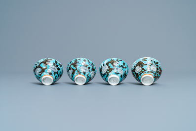 Four Chinese blue-ground Dayazhai-style 'dragon' cups and saucers, 19th C.