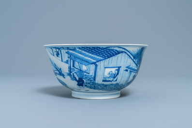 Un bol imp&eacute;rial en porcelaine de Chine en bleu et blanc &agrave; d&eacute;cor de la riziculture, marque et &eacute;poque de Kangxi