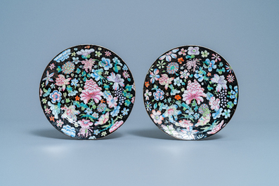 A pair of Chinese famille rose 'millefleurs' plates and a blue-ground plate, 19/20th C.