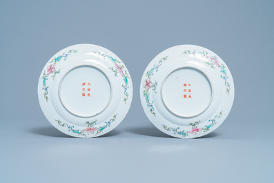 A pair of Chinese famille rose 'millefleurs' plates and a blue-ground plate, 19/20th C.