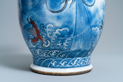 A large Chinese blue, white and copper red 'dragon' vase, Jiaqing
