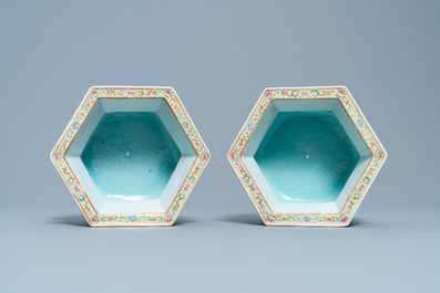 A pair of Chinese famille rose jardini&egrave;res on stands, Qianlong mark, Jiaqing