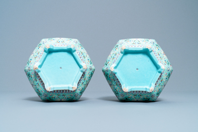 A pair of Chinese famille rose jardini&egrave;res on stands, Qianlong mark, Jiaqing