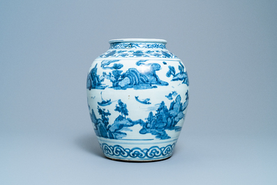 A Chinese blue and white vase with boats in a mountainous landscape, Ming