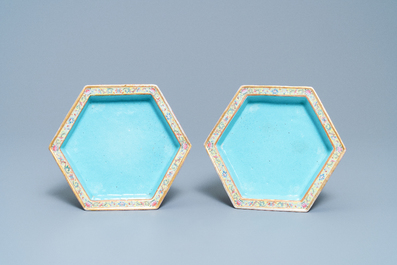 A pair of Chinese famille rose jardini&egrave;res on stands, Qianlong mark, Jiaqing