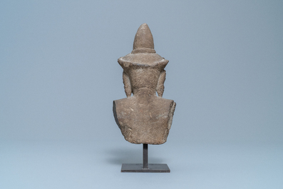 A grey sandstone bust of vishnu, Cambodia, Khmer, Angkor Wat period, 12th C.